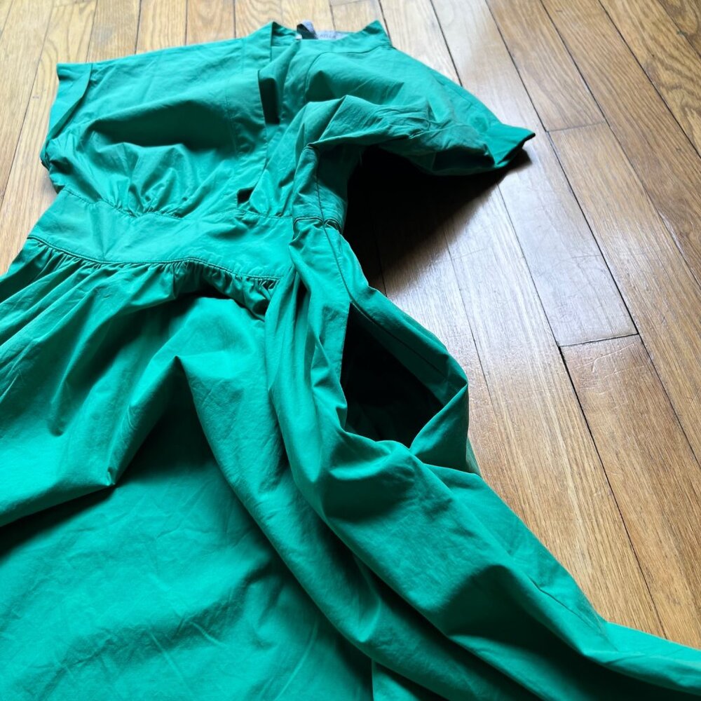 Marella Size 2 Emerald Green Bobbio Cotton Ruched Cap Sleeve A-Line Midi Dress - Picture 9 of 16